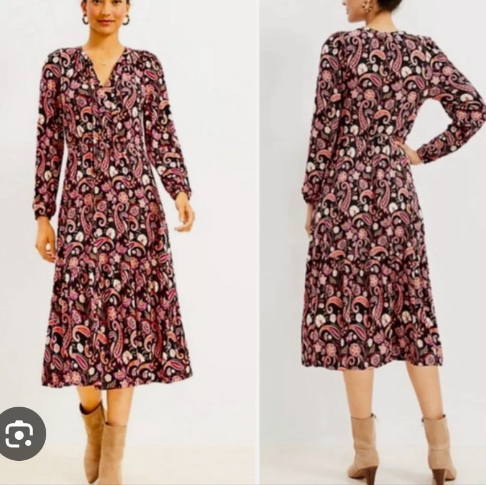 LOFT Paisley Long Sleeve Dress - Pink and Black